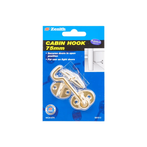 Zenith Cabin Hook Polished Brass 75mm - 1 Pack