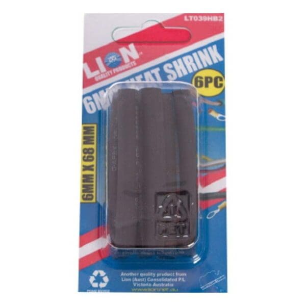 Lion Heat Shrink Tubing 6 x 68mm Black Pack 6