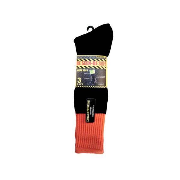 Be Seen-Be Safe Work Socks Black/Fluro Orange S6-10 - 3 Pack