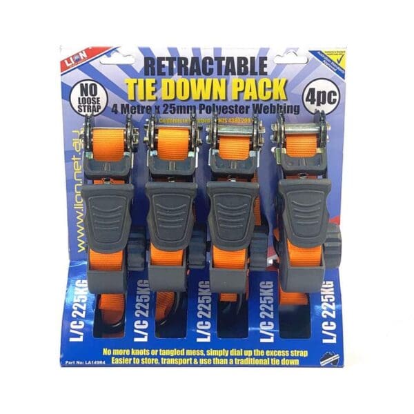 Lion Retractable Ratchet Tie Down - 4 Pack